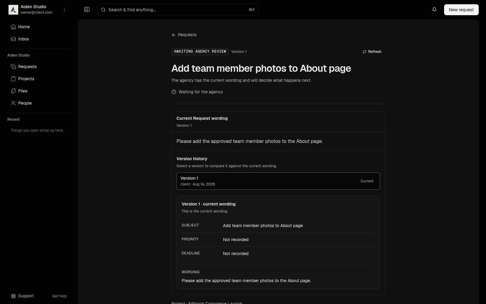 A client request in the portal showing its current wording and version history