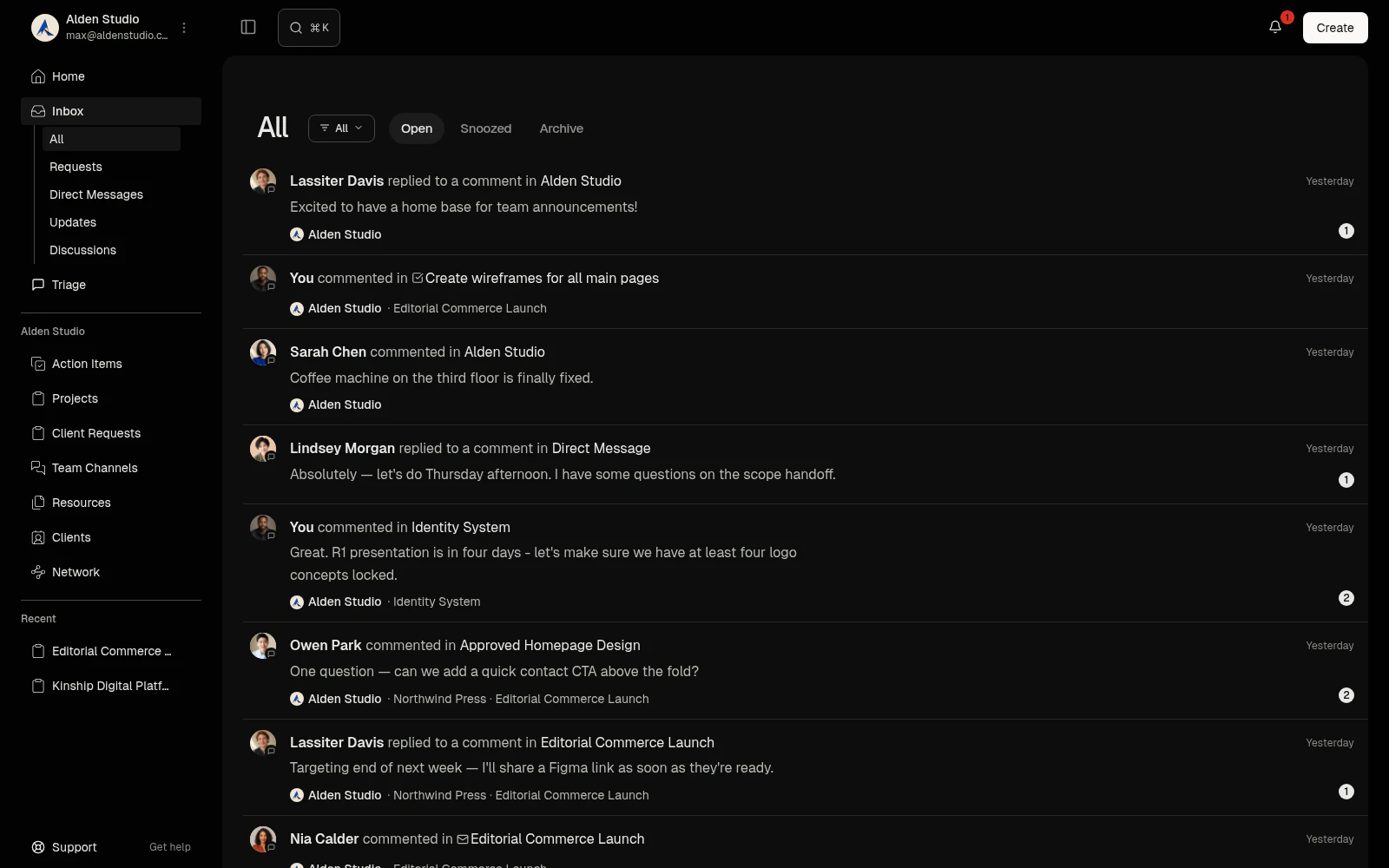The inbox showing a threaded conversation list