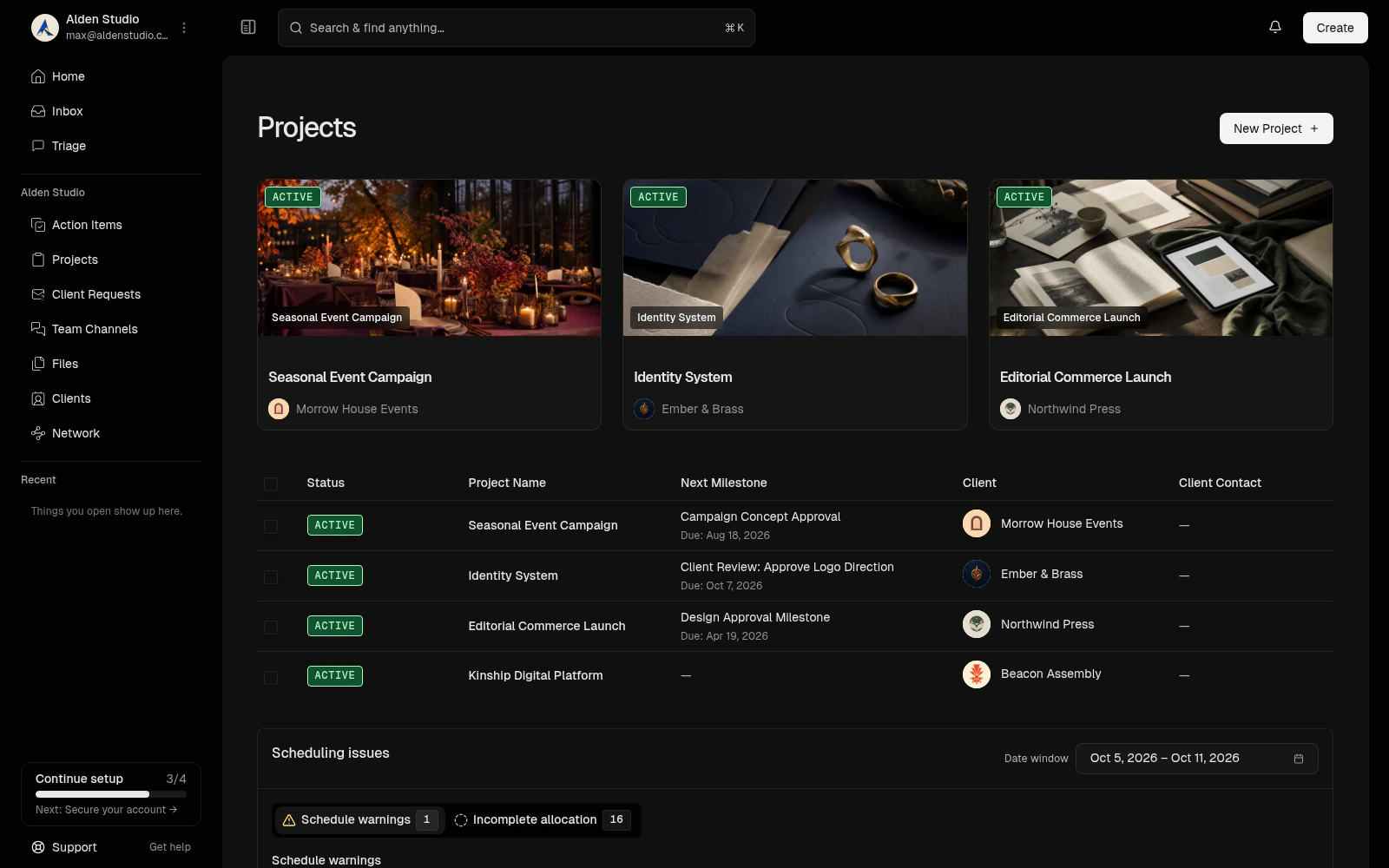 The projects list showing active projects with their next milestones and clients